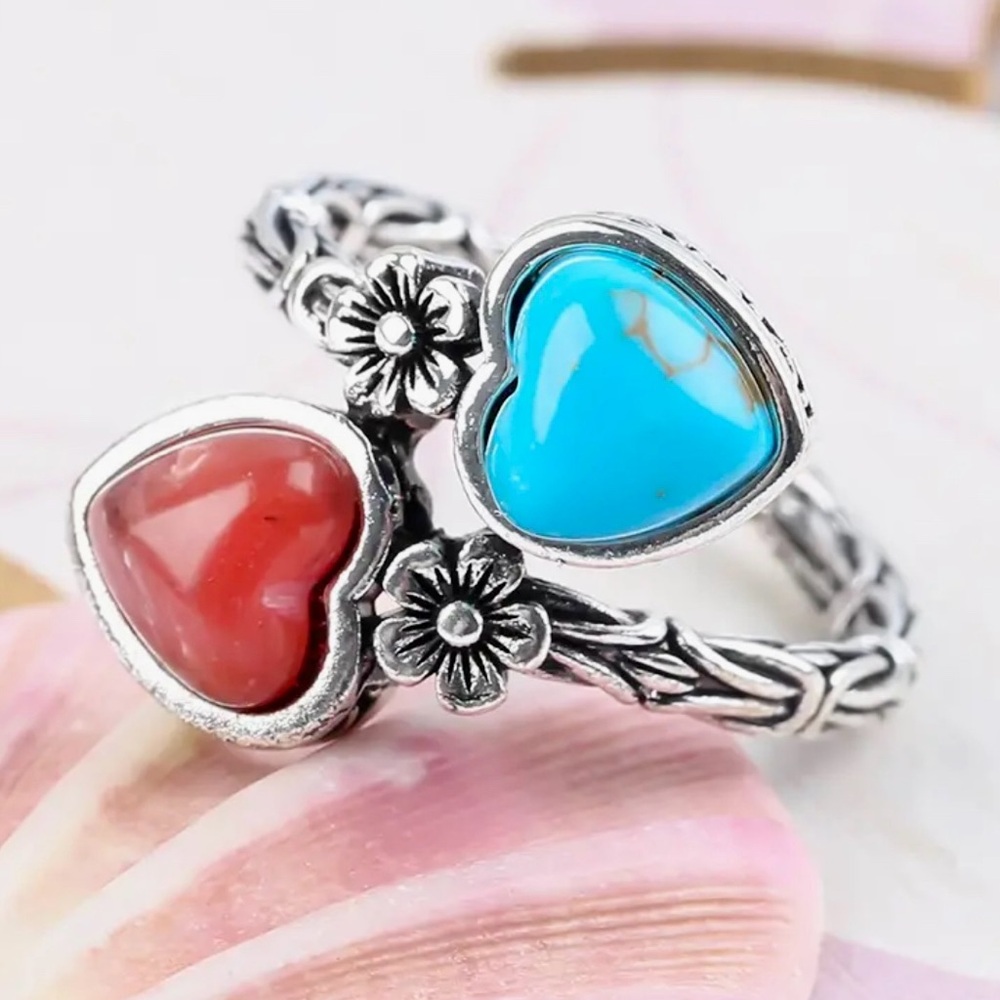 NEW Double Heart Silver Ring, Boho Style